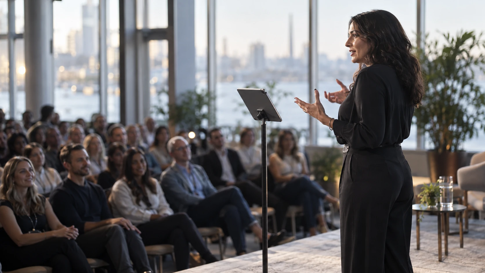 Illustrative speaker presenting on stage with a tablet teleprompter