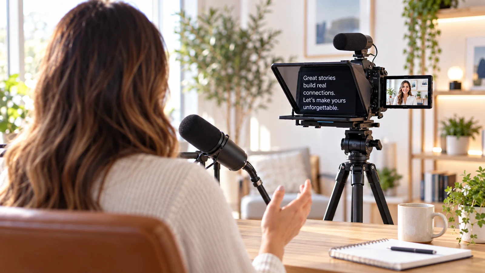 Speaker facing a camera-mounted teleprompter with an external microphone across a studio desk.