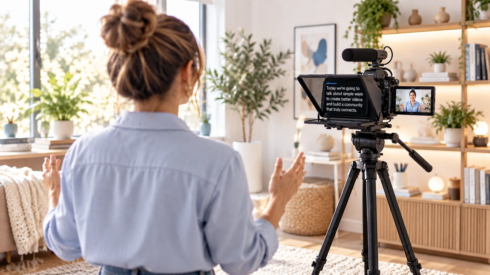 Creator rehearsing a first take with a camera, teleprompter and microphone in a bright home studio.